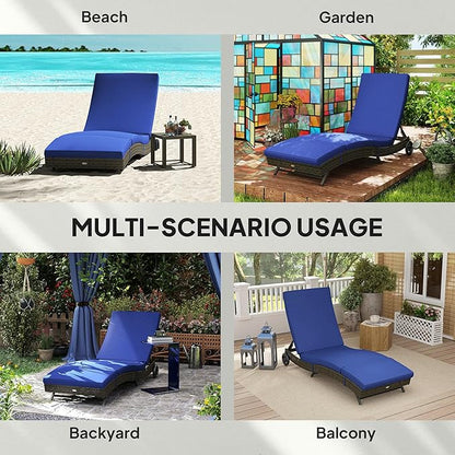 Outsunny Wicker Chaise Lounge Chair Outdoor with Wheels & Cushion, PE Rattan Patio Lounge Chair with 5-Level Adjustable Backrest for Poolside, Garden, Dark Blue