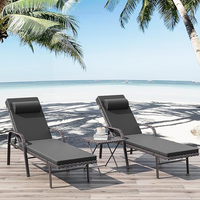 Kurapika Patio Chaise Lounge Set 3 Pieces Outdoor Lounge Chair, Rattan Reclining Chair Adjustable Backrest, Pool Sunbathing Recliners with Folding Table for Poolside Beach, Black