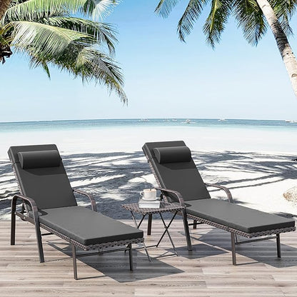 Kurapika Patio Chaise Lounge Set 3 Pieces Outdoor Lounge Chair, Rattan Reclining Chair Adjustable Backrest, Pool Sunbathing Recliners with Folding Table for Poolside Beach, Black