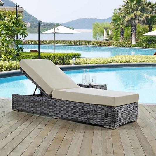 Modway Summon Wicker Rattan Aluminum Outdoor Patio Poolside Chaise Lounge Chair with Sunbrella® Fabric Cushions in Canvas Antique Beige