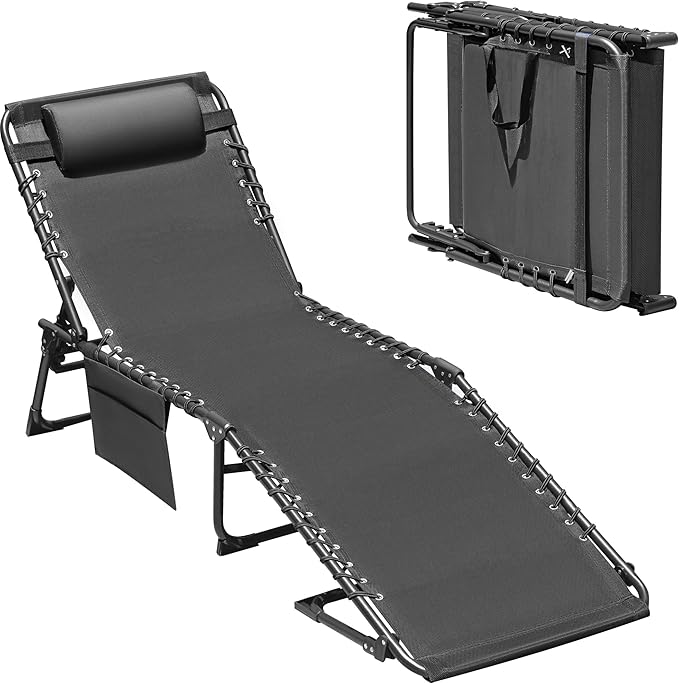 Devoko Lounge Beach Chair for Adults, Outdoor Sun Tanning Chair, Portable Folding Camping Lay Chaise Lounge Chairs for Outside Beach Pool Reading, Sunbathing (1, Gery)
