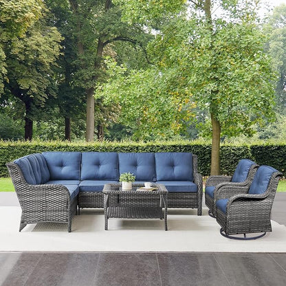 Belord Patio Furniture Set 6 Seats, Oversized Outdoor Sectional Couch, Two 3-Seater Sofas with Coffee Table, Patio Conversation Sets,Ideal for Porch, Deck, Gray Wicker/Blue