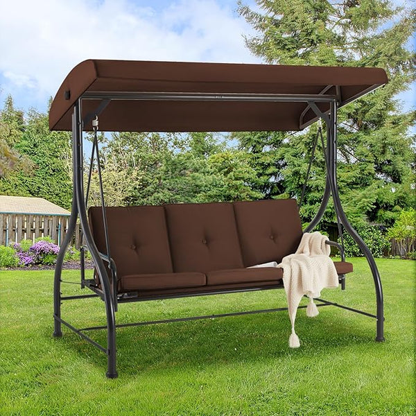 AECOJOY Porch Swing Chair, 3 Seats Porch Swing Adjustable Backrest & Canopy Outdoor Swing with Stand Patio Swing Bed - Photo 1
