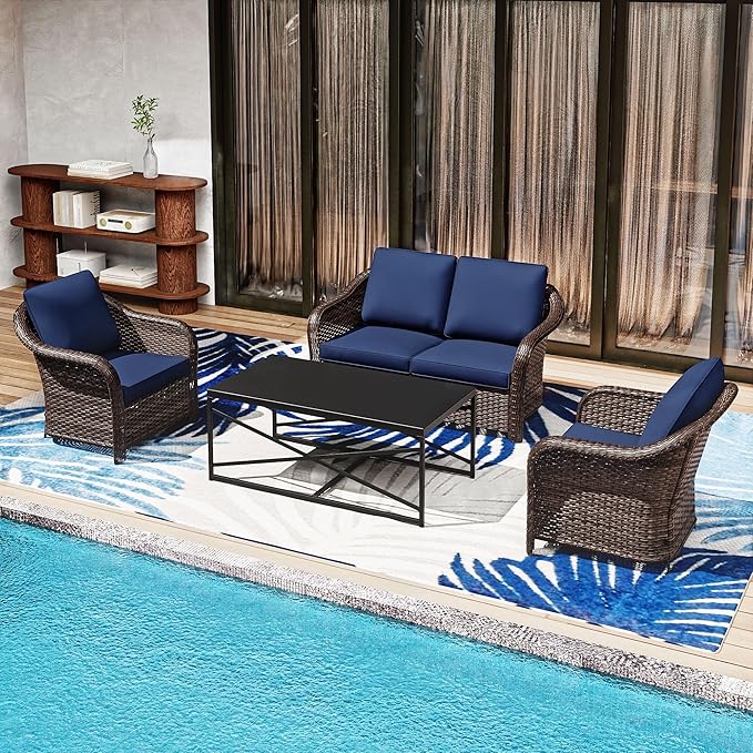 4 Pieces Outdoor Conversation Furniture Set, 55" Patio Couch，47" Metal Coffee Table, 2 Chairs - Photo 1