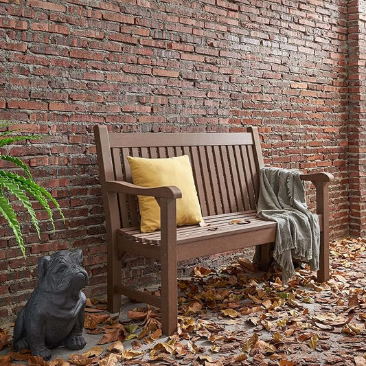 Psilvam Garden Bench, 2-Person Poly Lumber Patio Bench, All-Weather Outdoor Bench that Never Rot and Fade, Suit for Garden, Porch and Park (Brown)