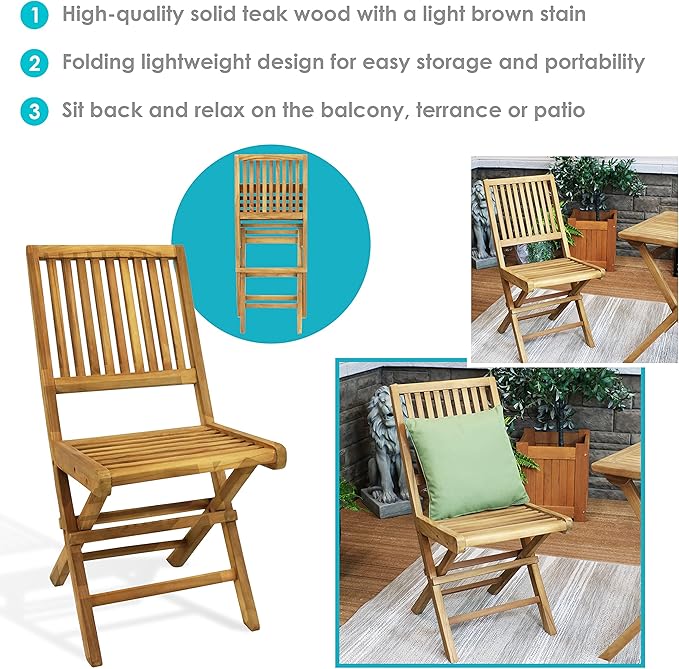 Sunnydaze Foldable Teak Wood Outdoor Chairs – Folding Patio Chair Set of 2 for Deck or Balcony – Wooden Teak Furniture - Photo 4