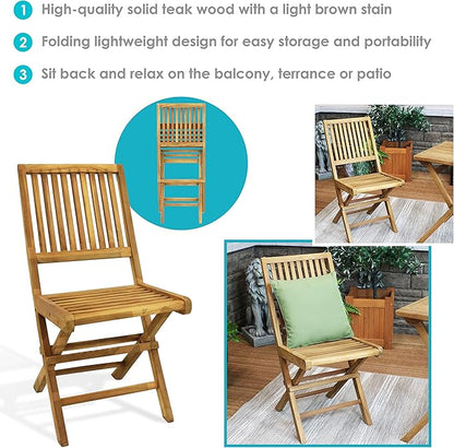 Sunnydaze Foldable Teak Wood Outdoor Chairs – Folding Patio Chair Set of 2 for Deck or Balcony – Wooden Teak Furniture with Light Finish