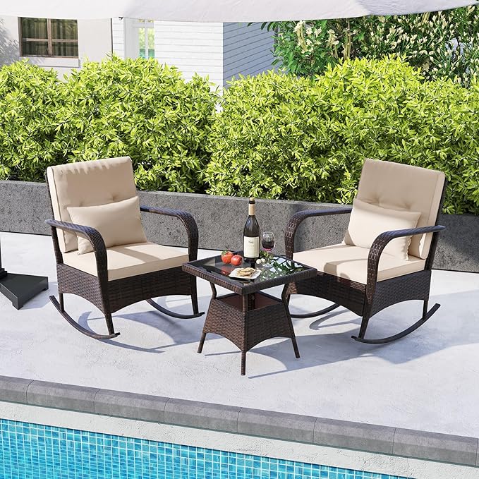 ORALNER 3 Pieces Patio Furniture Set, Outdoor Wicker Rocking Chairs with Cushions, Pillows, Glass Coffee Table - Photo 9
