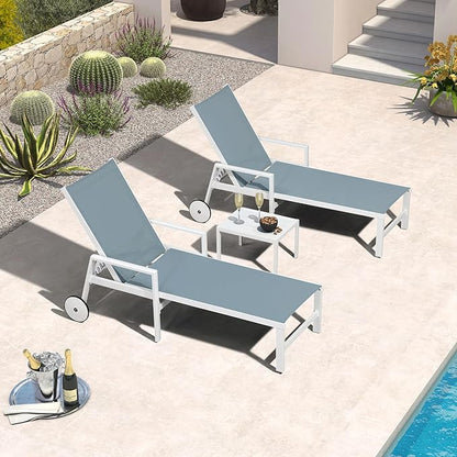 PURPLE LEAF Lounge Chair Outdoor Set 2 Pieces White Aluminum Chaise Lounge with Armrest and Wheels for Pool Deck Patio, Steel Blue