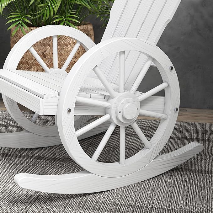 Outsunny Wooden Rocking Chair, Adirondack Rocker with Slatted Design and Oversized Back, Outdoor Rocking Chair with Wagon Wheel Armrest for Porch, Poolside, and Garden, White