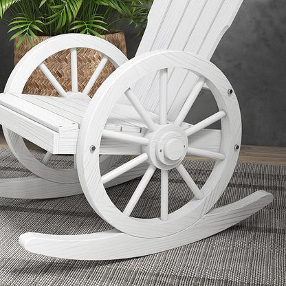 Outsunny Wooden Rocking Chair, Adirondack Rocker with Slatted Design and Oversized Back, Outdoor Rocking Chair with Wagon Wheel Armrest for Porch, Poolside, and Garden, White
