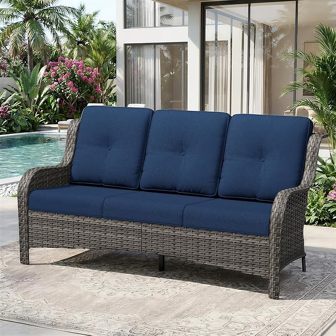 3 Seat Outdoor Couch, Wicker Patio Sofa with Thickened Olefin Cushions, High Back and Deep Seating - Photo 2
