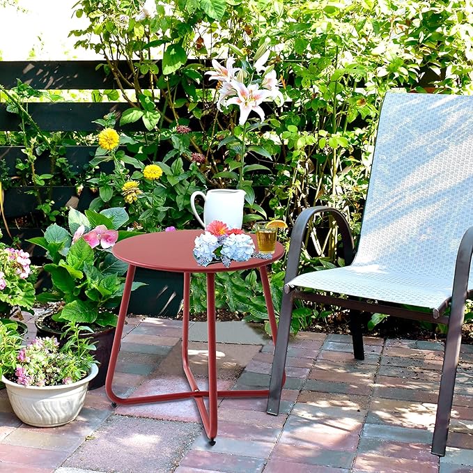 Patio Small Side Table Waterproof Round Metal Steel Weather Resistant Portable Outdoor and Indoor End Table for Garden - Photo 8