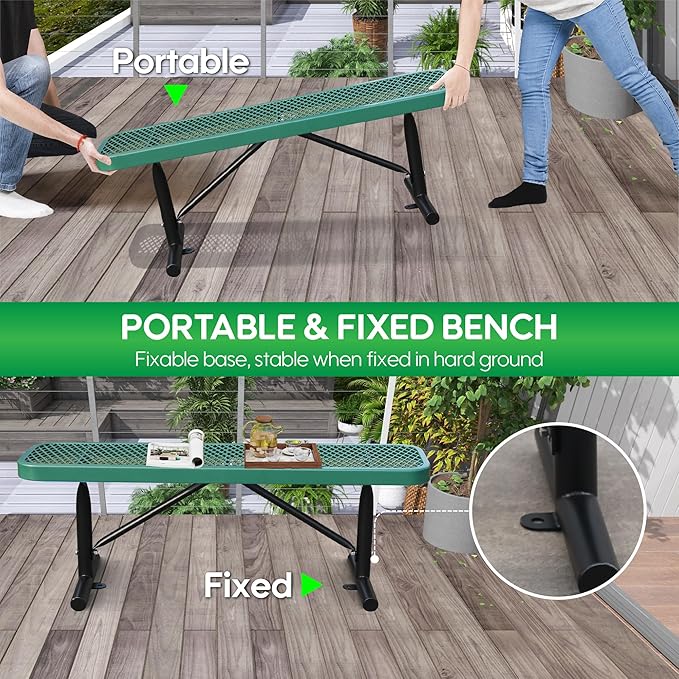 6FT Metal Park Bench for Outside, All-Weather Thermoplastic Coating Outdoor Bench with Anchor, Commercial Heavy Duty Benches for Shopping Malls, Stores, Parks, Patios, Decks, Green