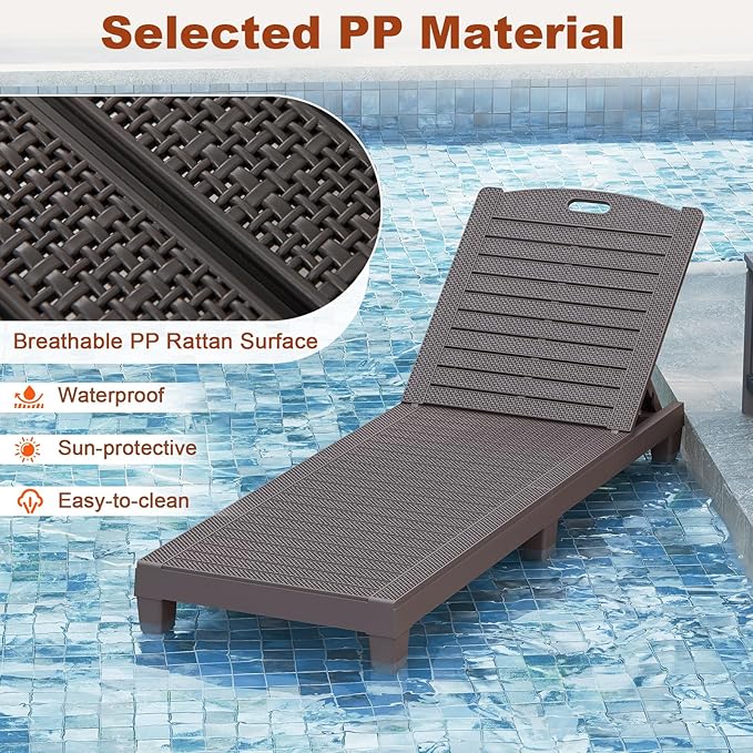 Tangkula Lounge Chair Outdoor Set of 2, Patio PP Pool Lounge Chairs with 5-Position Adjustable Backrests, Easy Assembly, Recliner Chaise Lounger for Poolside, Deck, Backyard, Porch (2, Brown)