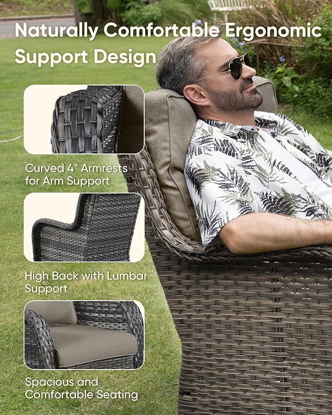 HUMMUH 3 Pieces Patio Bistro Set Wicker Patio Chairs Set of 2 with Tempered Glass Top Side Table Rattan Outdoor Furniture Conversation Set for Yard,Garden,Porch