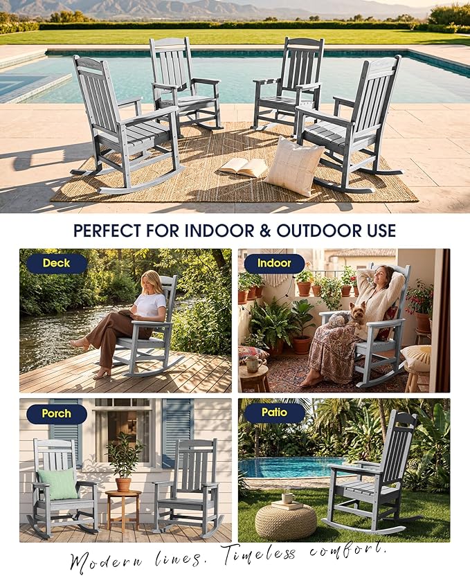 KINGYES HDPE Outdoor Rocking Chair, All-Weather Patio Rocking Chair, Weather Resistant Porch Rocker for Adults, Light Gray