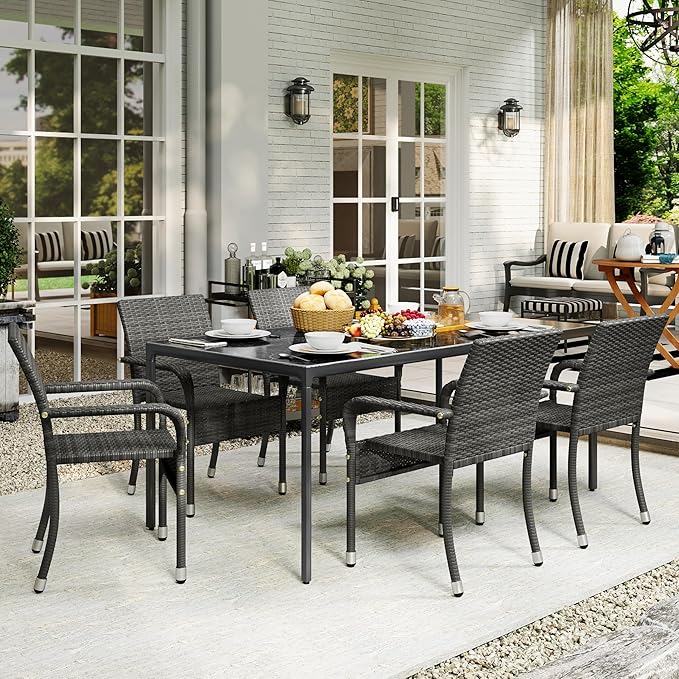 Yaheetech Set of 2 Stackable Outdoor Rattan Dining Chairs, All-Weather Firepits Armchair w/Armrests, Steel Frame for Garden, Patio, Deck, Yard, Poolside, Gray