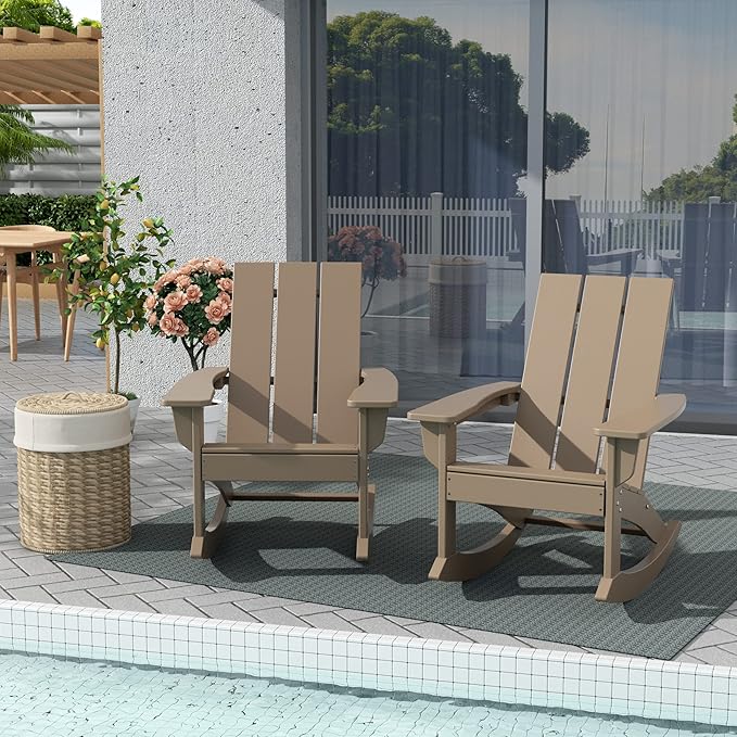 WestinTrends Ashore Patio Rocking Chairs Set of 4, All Weather Poly Lumber Plank Adirondack Rocker Chair, Modern Farmhouse Outdoor Rocking Chairs for Porch Garden Backyard and Indoor, Weathered Wood