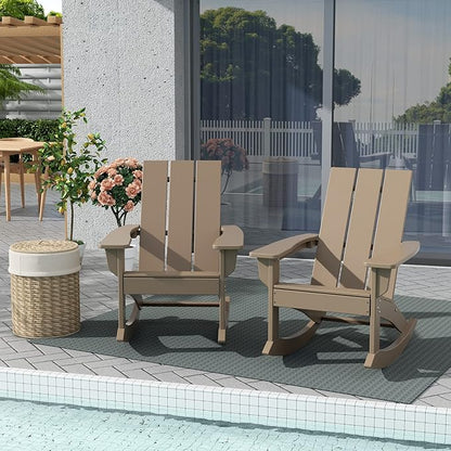 WestinTrends Ashore Patio Rocking Chairs Set of 2, All Weather Poly Lumber Plank Adirondack Rocker Chair, Modern Farmhouse Outdoor Rocking Chairs for Porch Garden Backyard and Indoor, Weathered Wood