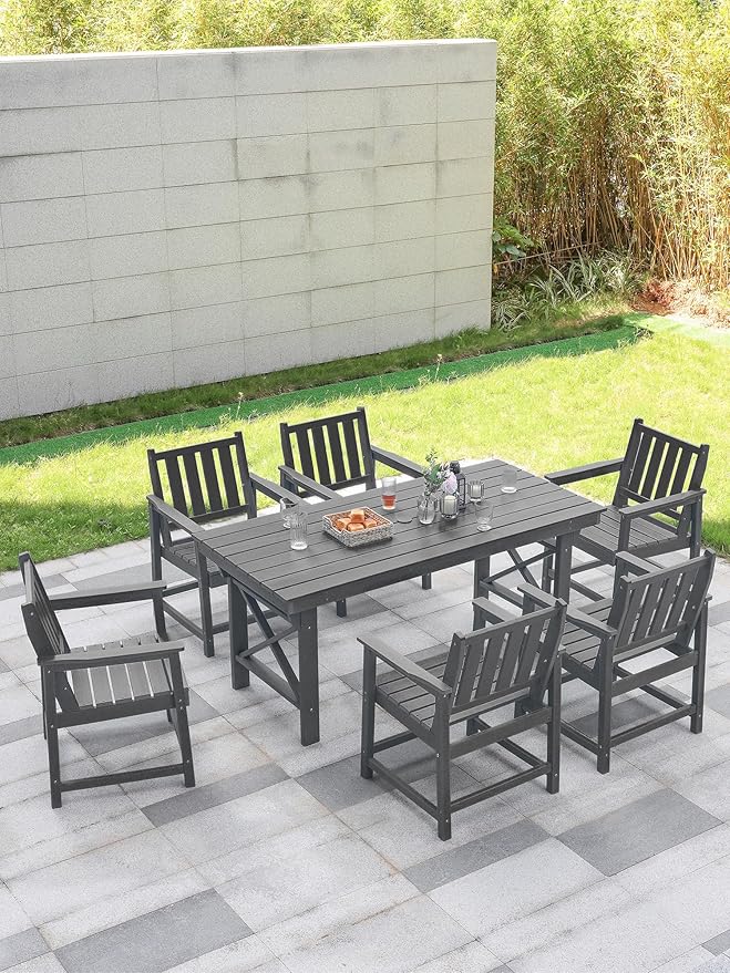 7 Pieces HDPE Outdoor Dining Set, Patio Dining Set with Umbrella Hole, All Weather Outdoor Dining Table Sets for 6 - Photo 9