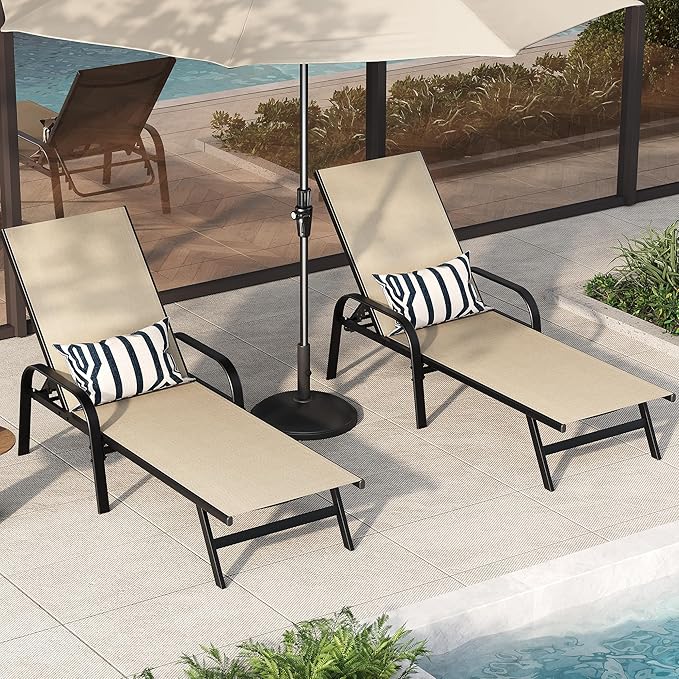 Outdoor Lounge Chair, Adjustable Patio Reclining Chaise with Textilene Fabric, Pool Lounge Chair with 5-Position Backrest for Patio, Garden, Poolside & Balcony,Khaki Set of 2
