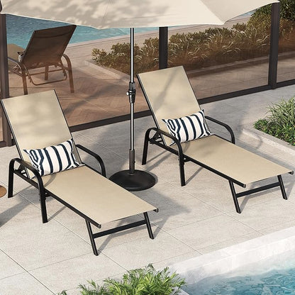 Outdoor Lounge Chair, Adjustable Patio Reclining Chaise with Textilene Fabric, Pool Lounge Chair with 5-Position Backrest for Patio, Garden, Poolside & Balcony,Khaki Set of 2