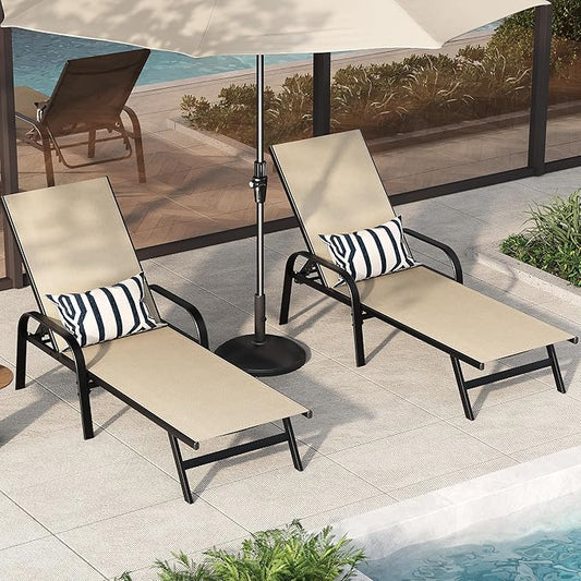 Outdoor Lounge Chair, Adjustable Patio Reclining Chaise with Textilene Fabric, Pool Lounge Chair with 5-Position Backrest for Patio, Garden, Poolside & Balcony,Khaki Set of 2