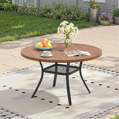 Outdoor Dining Table with Adjustable Umbrella Hole, 40.6" All-Weather Round Patio Dining Table for 4, Metal Patio Table with Storage Shelf for Garden Lawn Porch Deck Yard, Walnut
