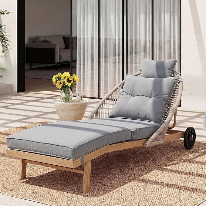 Patio Chaise Lounge Chair with Wheels, Outdoor Lounge Chairs with Thick Cushions, Patio Chaise Lounger Outdoor Handwoven Rope Armrests, Wicker Chairs for Outside, Poolside, Deck, Grey