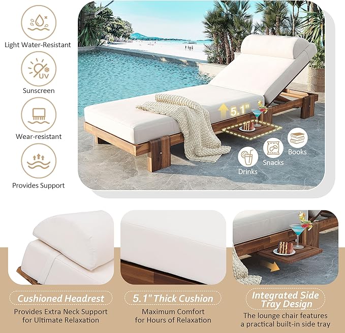 78.8'' Outdoor Patio Chaise Lounge Chair, Acacia Wood Adjustable Recliner with Headrest, Perfect for Terrace, Poolside - Photo 6