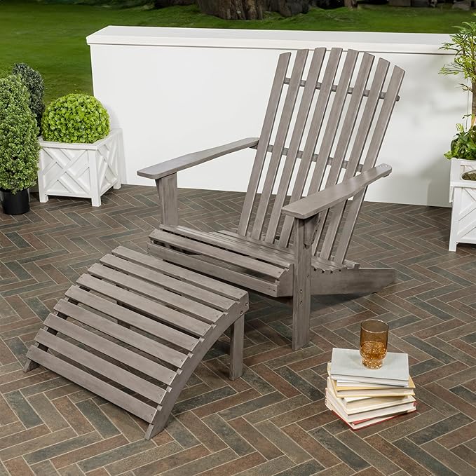 JONATHAN Y ADK1000B Saranac 2-Piece Traditional Rustic Acacia Wood Adirondack Chair with Detachable Ottoman Classic, Coastal, Cottage, Vintage, Farmhouse, Gray Wash