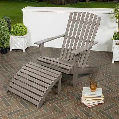 JONATHAN Y ADK1000B Saranac 2-Piece Traditional Rustic Acacia Wood Adirondack Chair with Detachable Ottoman Classic, Coastal, Cottage, Vintage, Farmhouse, Gray Wash