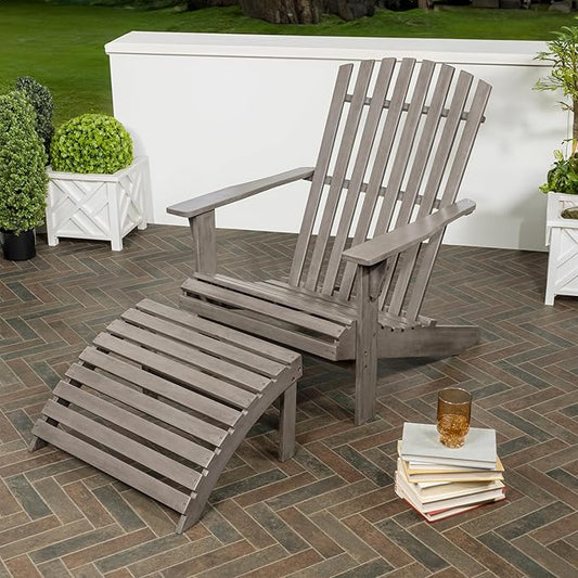 JONATHAN Y ADK1000B Saranac 2-Piece Traditional Rustic Acacia Wood Adirondack Chair with Detachable Ottoman Classic, Coastal, Cottage, Vintage, Farmhouse, Gray Wash