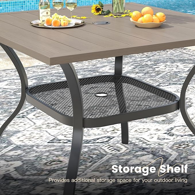 VICLLAX Outdoor Patio Dining Table for 4, Square Metal Table with Umbrella Hole and Storage Shelf for Garden, Lawn, Balcony, Deck, Grey