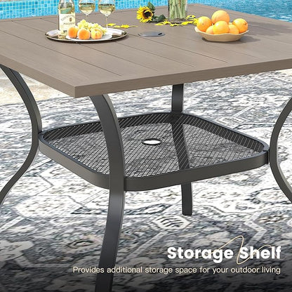 VICLLAX Outdoor Patio Dining Table for 4, Square Metal Table with Umbrella Hole and Storage Shelf for Garden, Lawn, Balcony, Deck, Grey