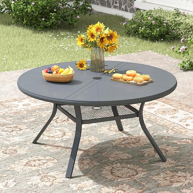 Outdoor Patio Round Dining Table for 6, 47.3" x 47.3" Sleek Aluminum Dining Table with Umbrella Hole for Backyard Garden Lawn Deck, Dark Grey