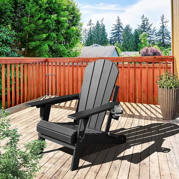 Lepdep Folding Adirondack Chair Modern Adjustable Plastic Outdoor Fire Pit Chair Weather Resistant 3-Positons Patio Chair with Cup Holder for Outdoor Porch Garden Backyard Deck and Pool, Black…