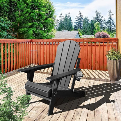 Lepdep Folding Adirondack Chair Modern Adjustable Plastic Outdoor Fire Pit Chair Weather Resistant 3-Positons Patio Chair with Cup Holder for Outdoor Porch Garden Backyard Deck and Pool, Black…