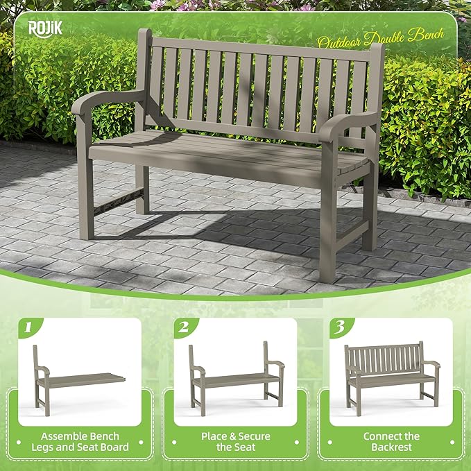 ROJIK Outdoor Bench Resin Patio Chairs Waterproof 2-Person Slatted Chairs with Sturdy Frame - Photo 7