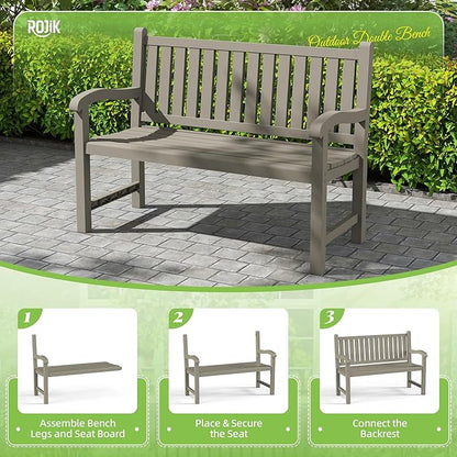 ROJIK Outdoor Bench Resin Patio Chairs Waterproof 2-Person Slatted Chairs with Sturdy Frame, Comfortable Seating for Garden Backyard Porch and Park(Grey)