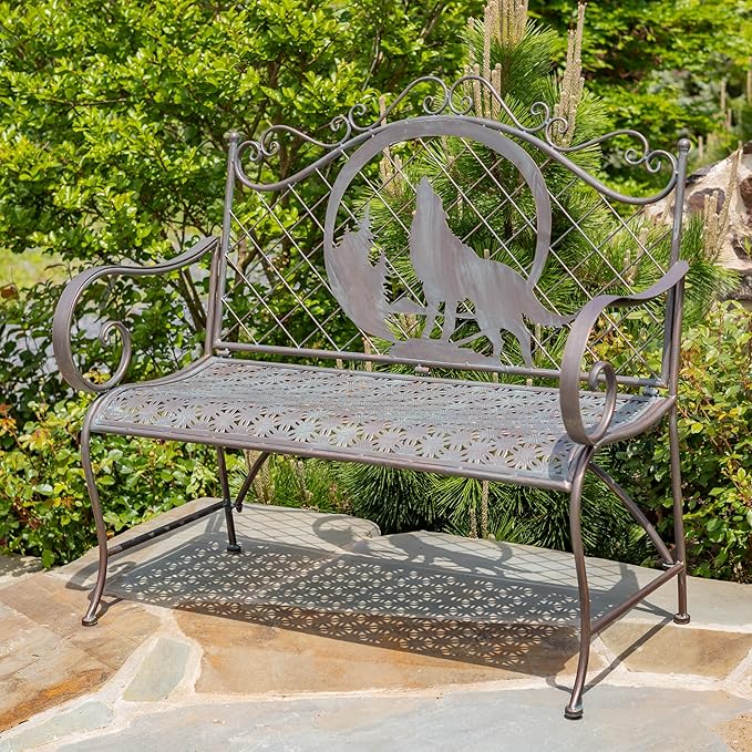 Classic Iron Garden Bench with Nature Scenery (Howling Wolf Backrest in Bronze)
