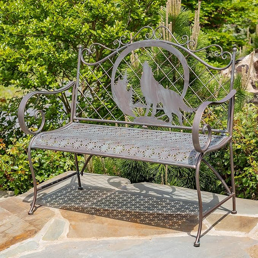 Classic Iron Garden Bench with Nature Scenery (Howling Wolf Backrest in Bronze)