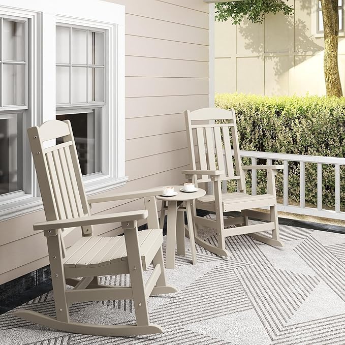 Outdoor Rocking Chairs Set of 4, Oversized High Back Patio Rocking Chairs, All Weather Porch Rocking Chairs for Outside. Sand