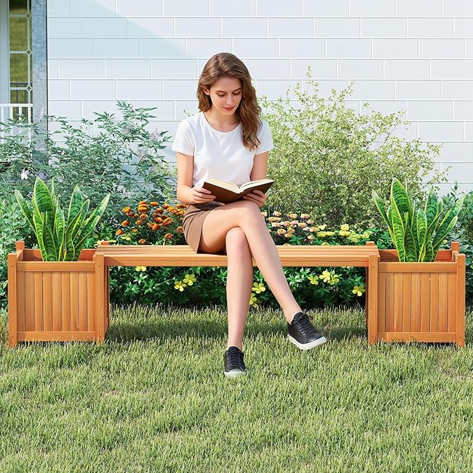 S AFSTAR 2 Pieces Outdoor Planter Bench, Wooden Planter Box with Bench, Raised Plant Container Garden Benches with Boxes for Outdoor, Patio, Yard, Deck & Balcony