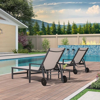 PURPLE LEAF 2 Pieces Outdoor Chaise Lounge Aluminum Patio Lounge Chair with Wheels and Armrests Outdoor Lounge Recliner Chair for Pool Backyard Beach Beige