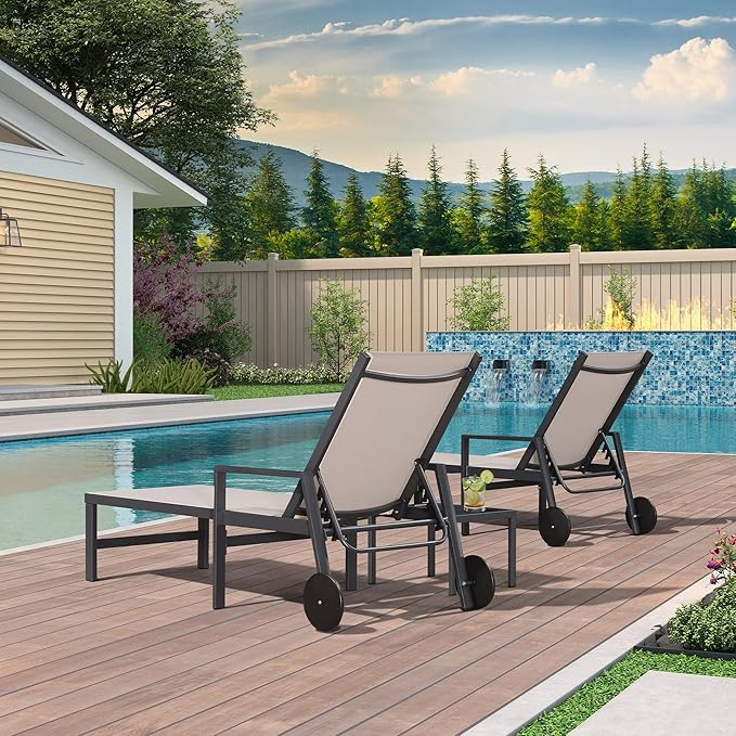 PURPLE LEAF Patio Chaise Lounge 4 Pieces Aluminum Recliner Chair with Wheels and Armrests Lounger for Lawn Backyard Beige Outdoor Lounge Chair