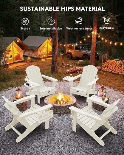 SERWALL Folding Adirondack Chair Set of 2, Adirondack Chairs with 4 in 1 Multi-Functional Cup Holder, All Weather Patio Chair with Wood Texture, Fire Pit Chairs for Outdoor, Garden, Backyard - White
