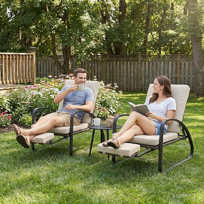 3 Piece Patio Furniture Set, Modern Patio Chaise Lounge Chairs, 5-Position Adjustable Bistro Set Balcony Furniture, Metal Patio Chairs with Coffee Table, Pool Lounge Chair for Deck, Khaki