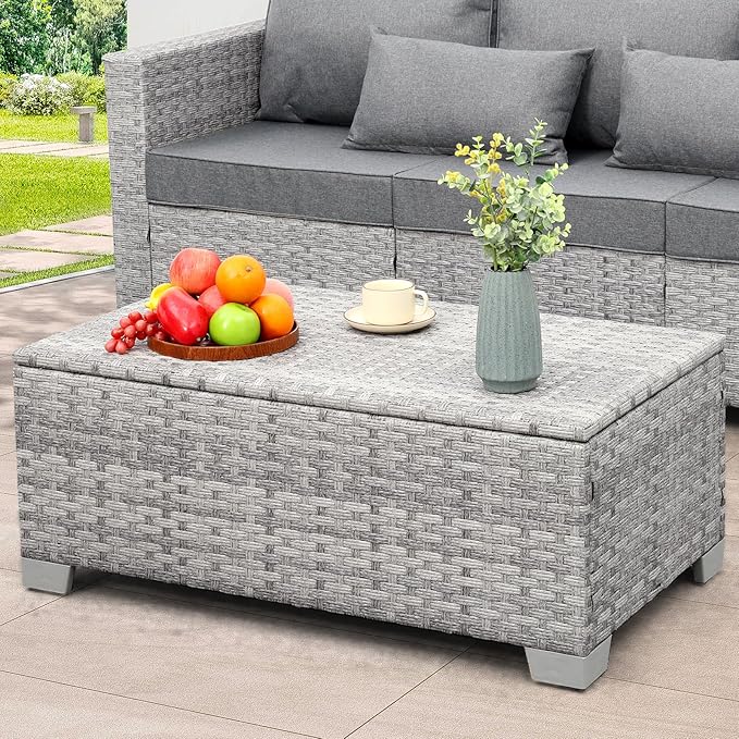 WAROOM Patio Coffee Table PE Wicker Ourdoor Storage Table, All Weather Resin Rattan Table with Storage for Garden Backyard Porch Poolside, Grey
